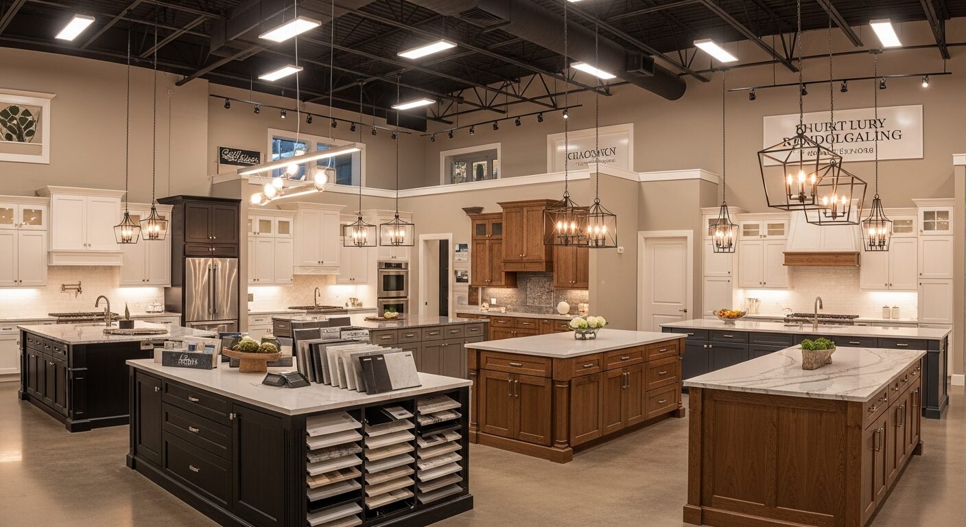 Interior of the Three Brothers Kitchens and Baths Chappaqua showroom displaying full-scale kitchen and bathroom vignettes
