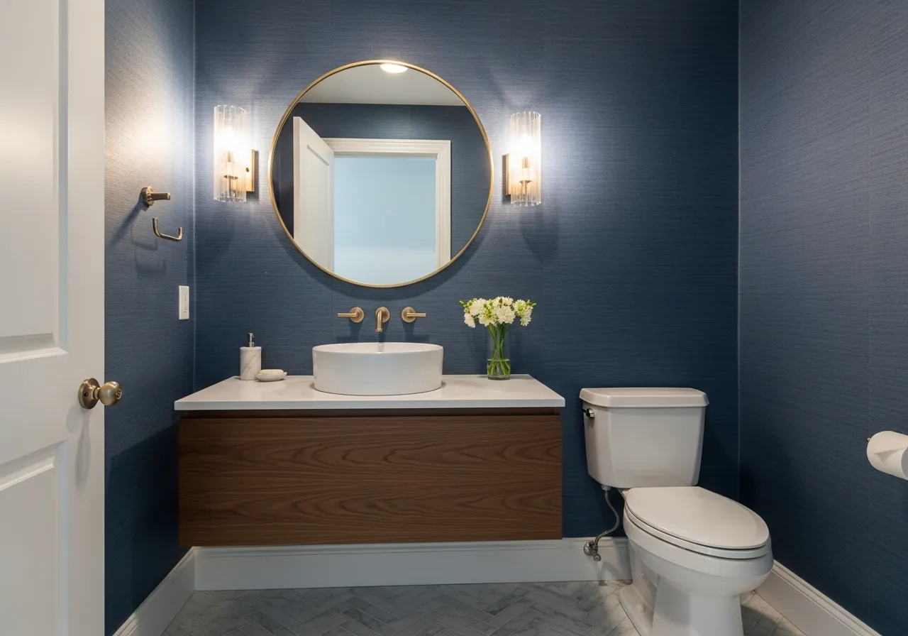 After: Powder Room — Vessel Sink & Walnut Vanity renovation by Three Brothers Kitchens and Baths