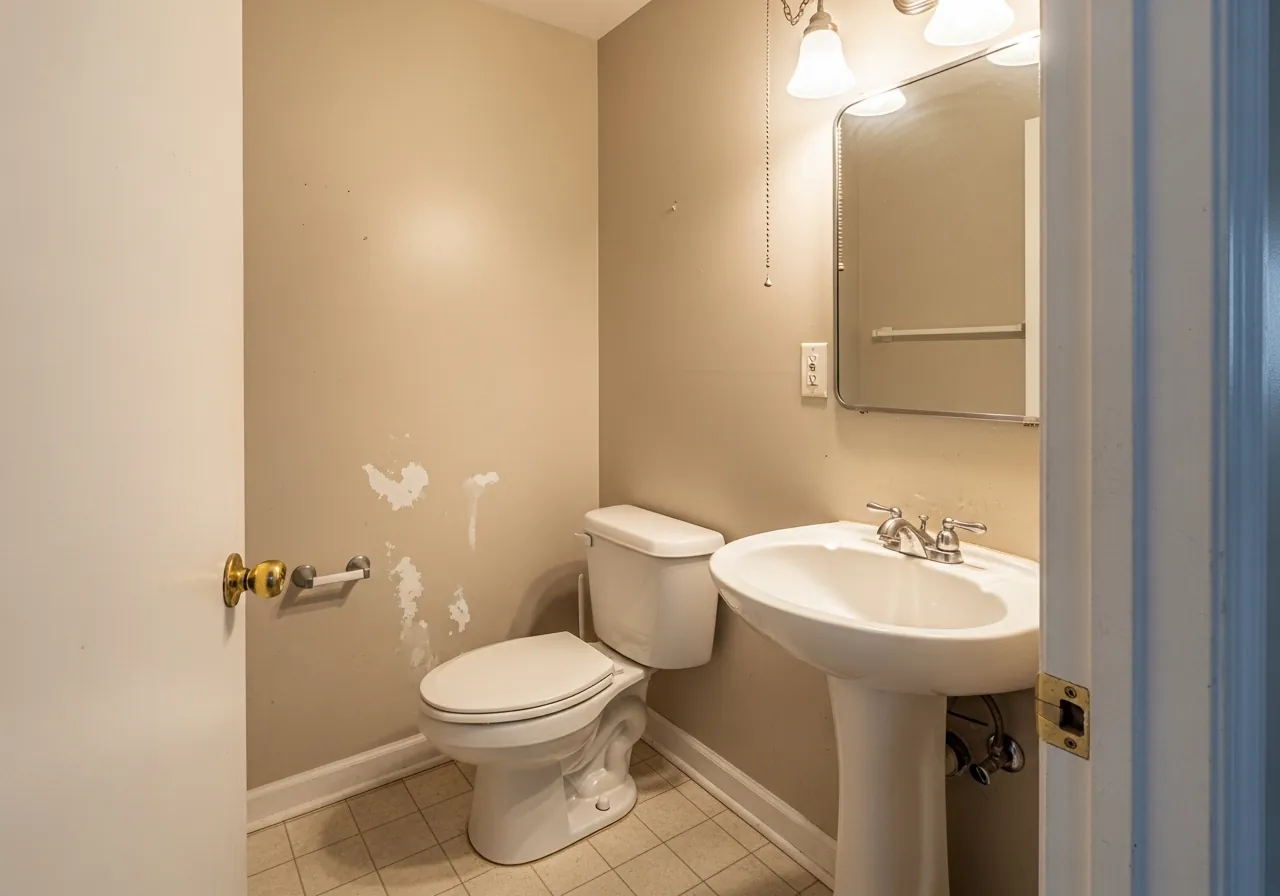 Before: Powder Room — Vessel Sink & Walnut Vanity — Three Brothers Kitchens and Baths