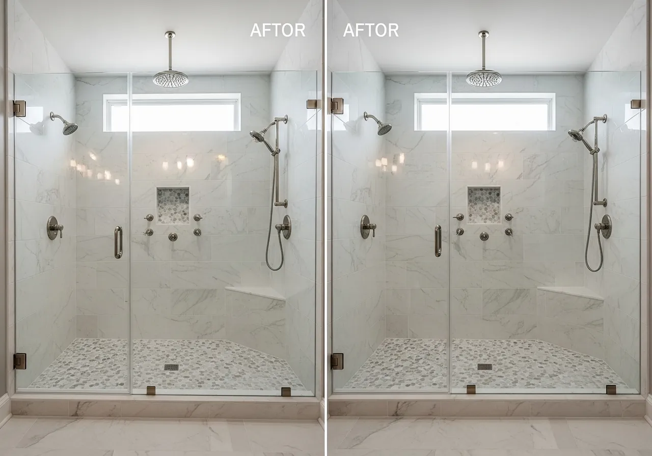 After: Walk-In Shower — Calacatta Marble & Rain Head renovation by Three Brothers Kitchens and Baths