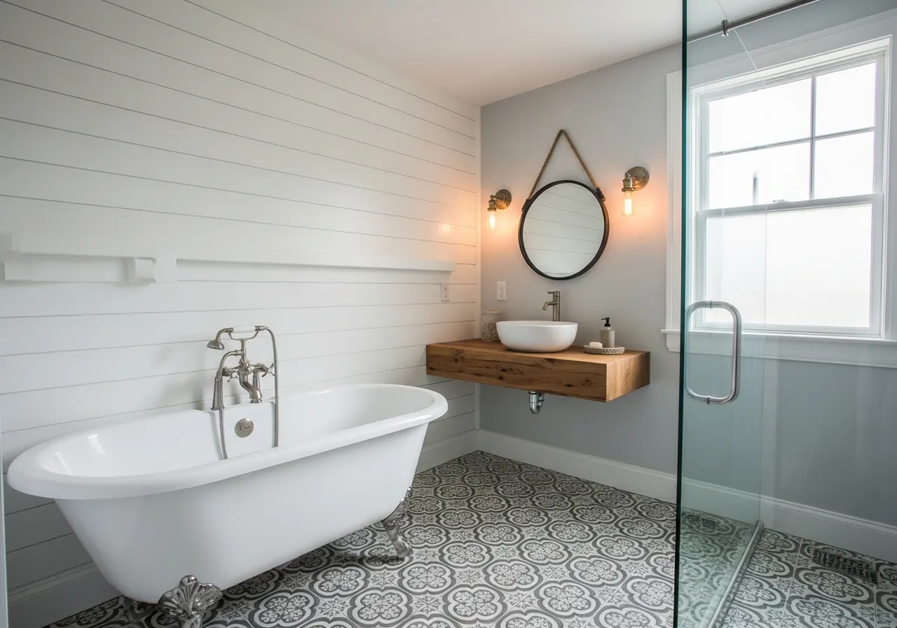 After: Farmhouse Bath — Clawfoot Tub & Shiplap renovation by Three Brothers Kitchens and Baths