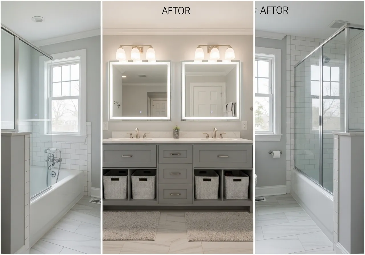 After: Jack & Jill Bath — Double Vanity & Subway Tile renovation by Three Brothers Kitchens and Baths