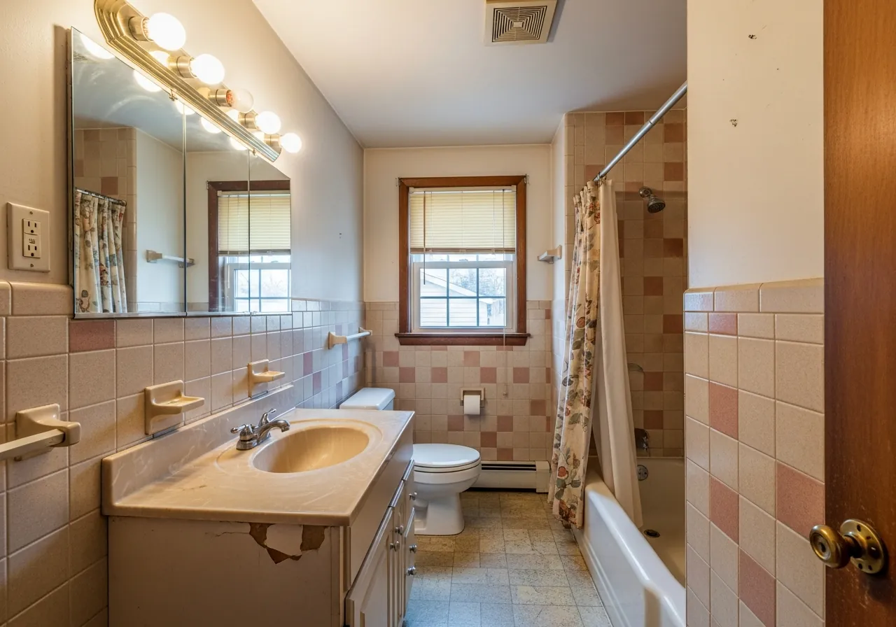 Before: Jack & Jill Bath — Double Vanity & Subway Tile — Three Brothers Kitchens and Baths