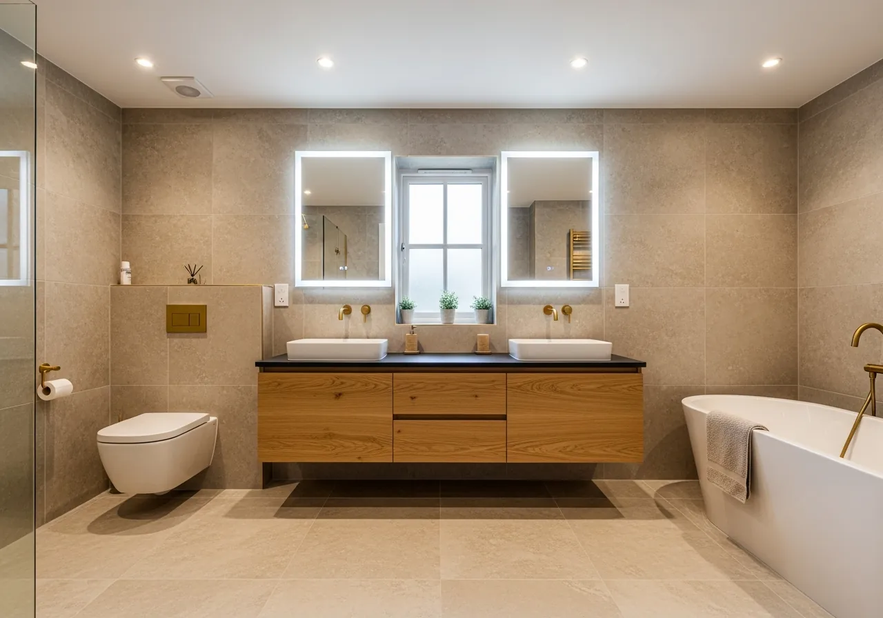 After: Yellow & Black Tile to Warm Stone Spa renovation by Three Brothers Kitchens and Baths