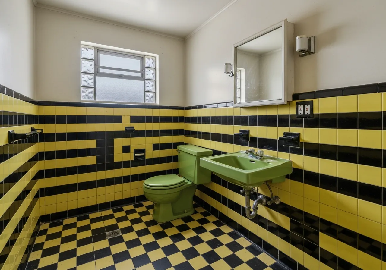 Before: Yellow & Black Tile to Warm Stone Spa — Three Brothers Kitchens and Baths