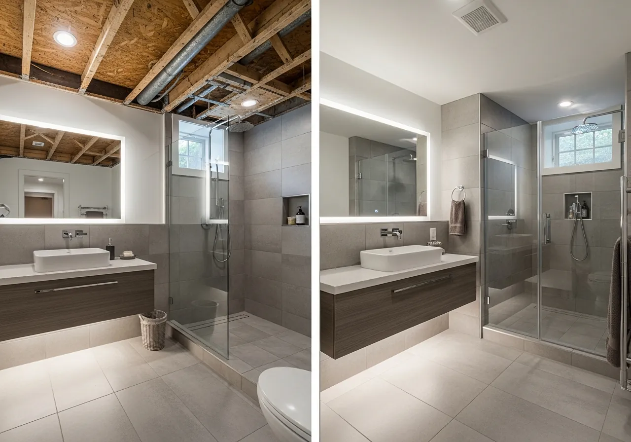 After: Basement Spa Wet Room — Concrete Tile & Linear Drain renovation by Three Brothers Kitchens and Baths