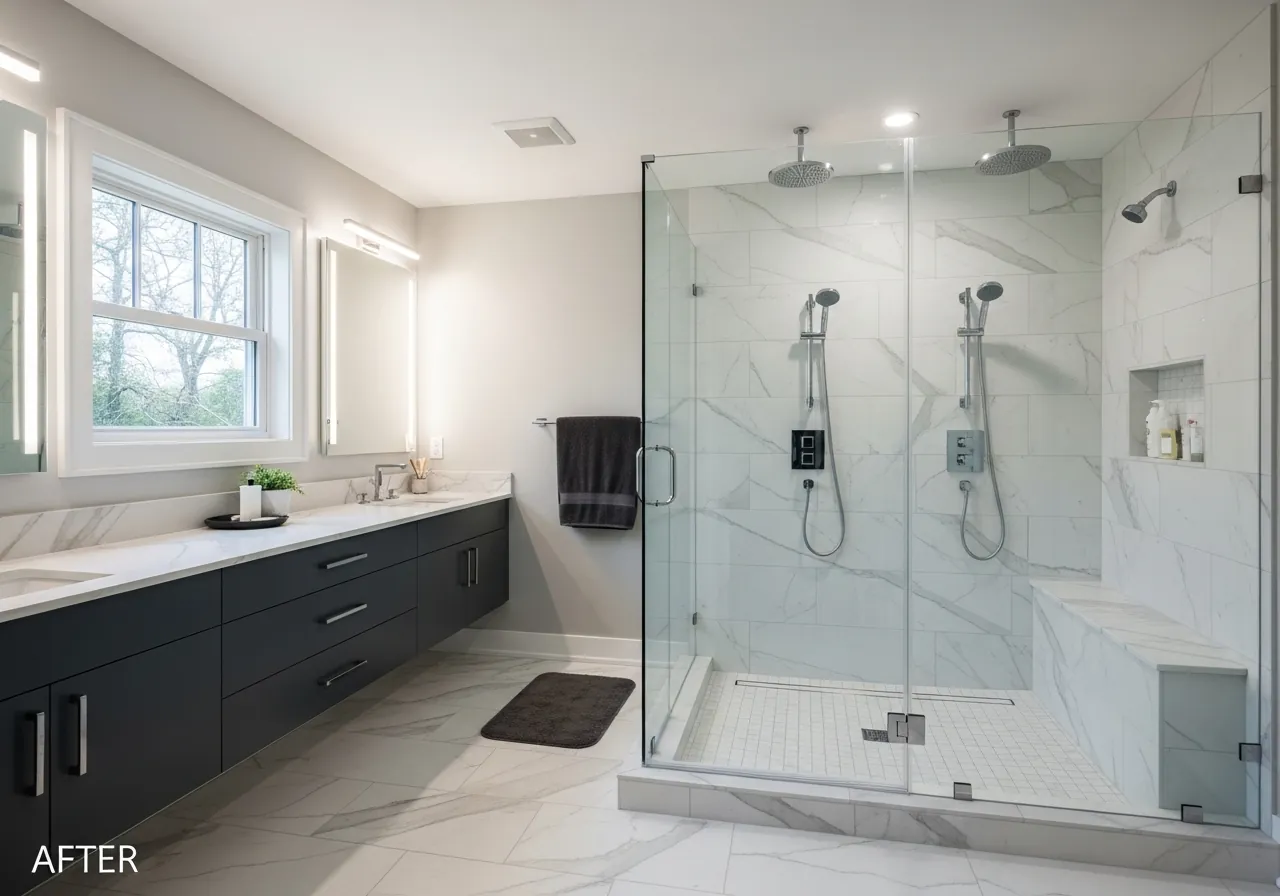 After: Full-Wall Luxury Walk-In — Dual Rain Heads & Bench renovation by Three Brothers Kitchens and Baths
