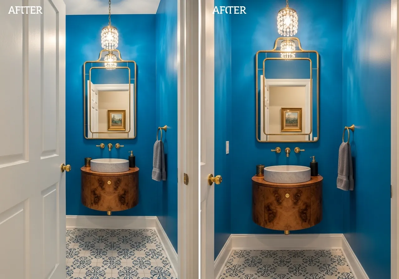 After: Jewel Box Powder Room — Peacock Blue & Zellige Tile renovation by Three Brothers Kitchens and Baths