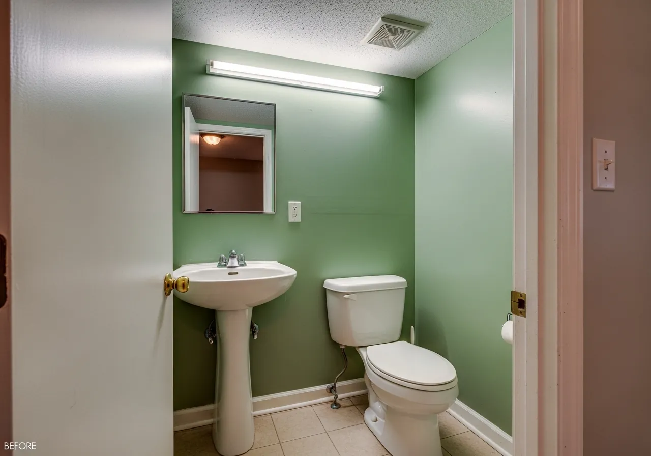Before: Jewel Box Powder Room — Peacock Blue & Zellige Tile — Three Brothers Kitchens and Baths