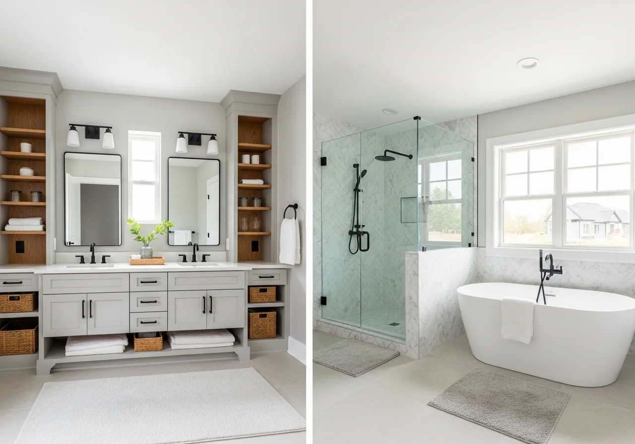 After: Master Bath — Built-In Storage & Herringbone Shower renovation by Three Brothers Kitchens and Baths