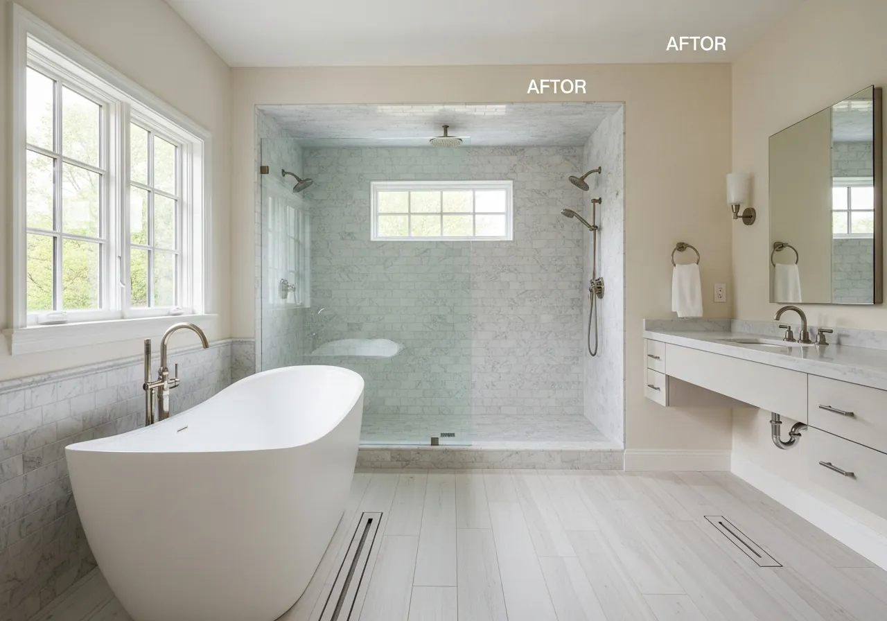 After: Venetian Plaster & Freestanding Tub — Open Shower renovation by Three Brothers Kitchens and Baths