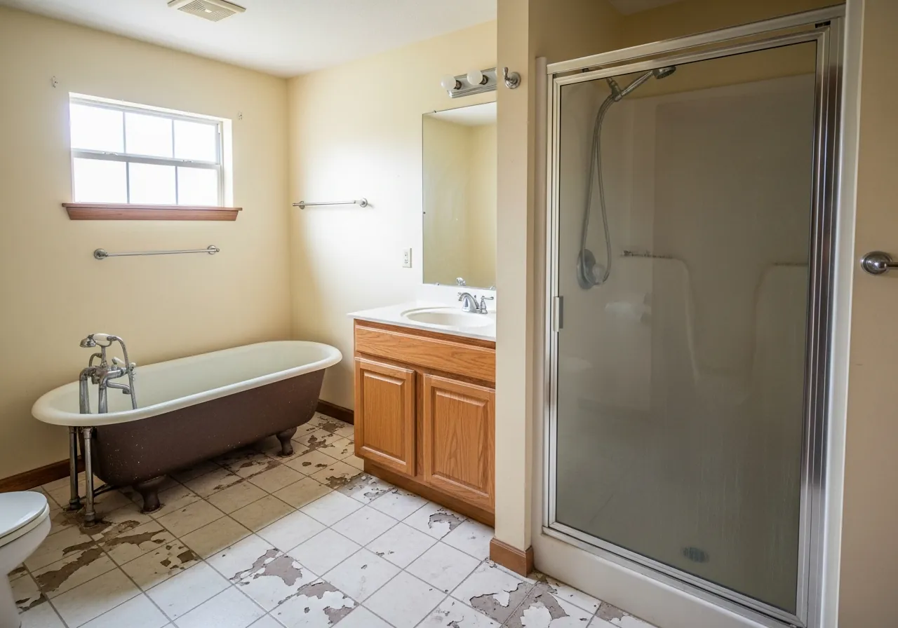 Before: Venetian Plaster & Freestanding Tub — Open Shower — Three Brothers Kitchens and Baths