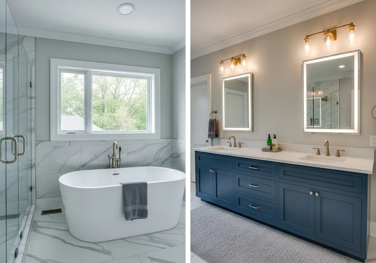 After: Navy Double Vanity — Unified Master Bath renovation by Three Brothers Kitchens and Baths