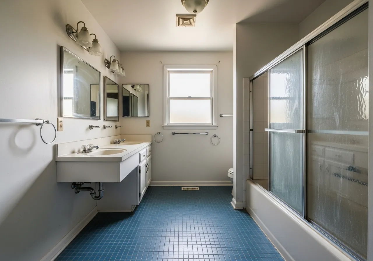 Before: Navy Double Vanity — Unified Master Bath — Three Brothers Kitchens and Baths