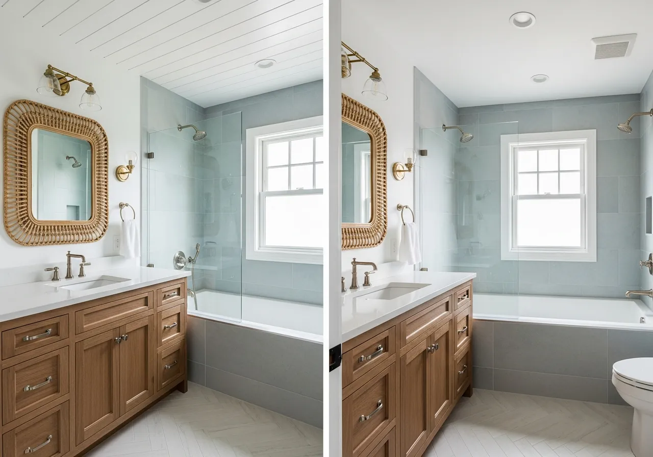 After: Coastal Bath — Driftwood Vanity & Blue-Grey Stone renovation by Three Brothers Kitchens and Baths