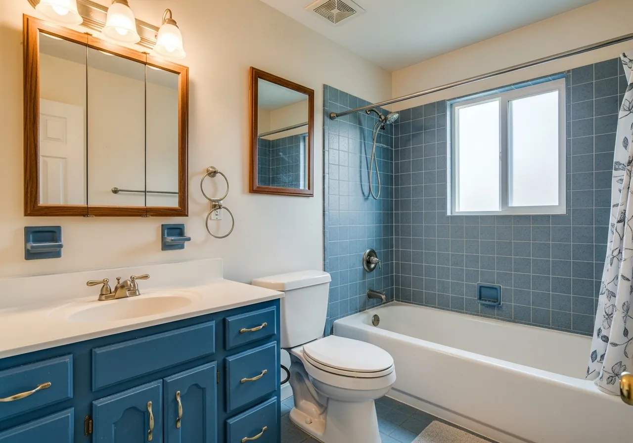 Before: Coastal Bath — Driftwood Vanity & Blue-Grey Stone — Three Brothers Kitchens and Baths