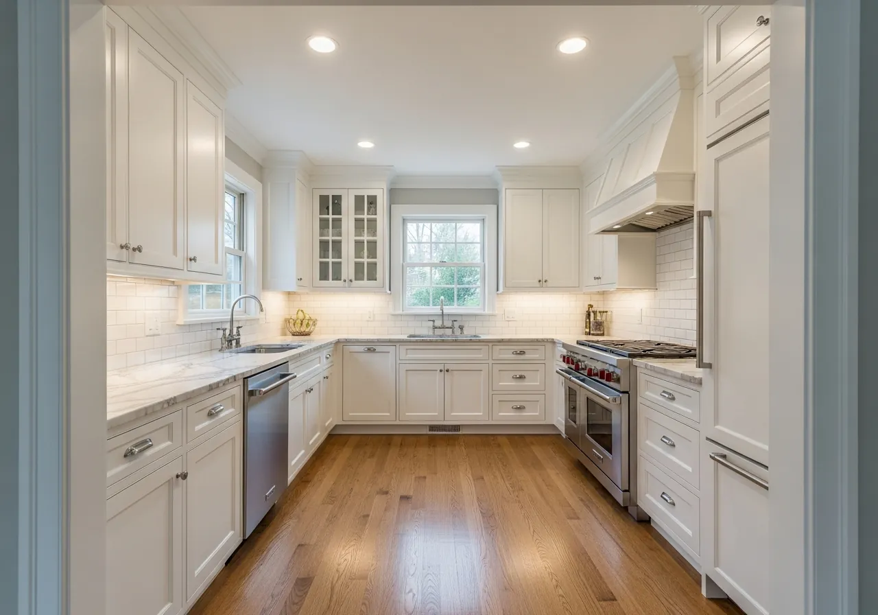After: Galley Kitchen — White Shaker & Marble renovation by Three Brothers Kitchens and Baths