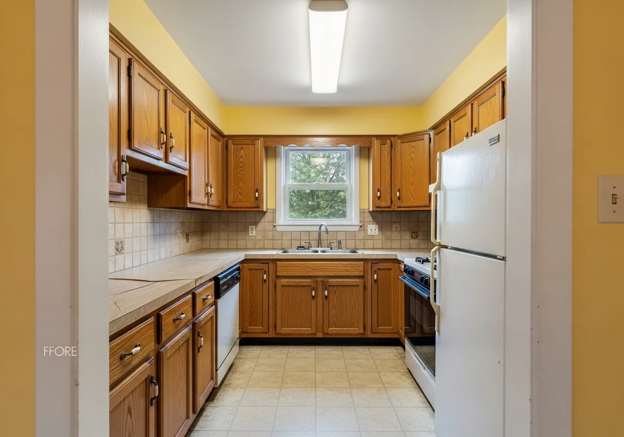 Before: Galley Kitchen — White Shaker & Marble — Three Brothers Kitchens and Baths