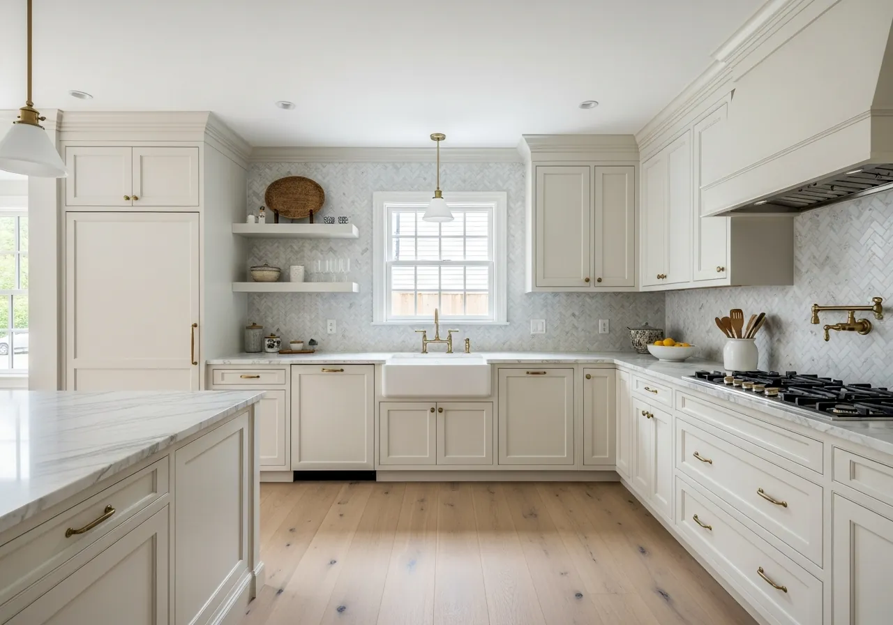 After: Farmhouse Kitchen — Cream Shaker & Marble renovation by Three Brothers Kitchens and Baths