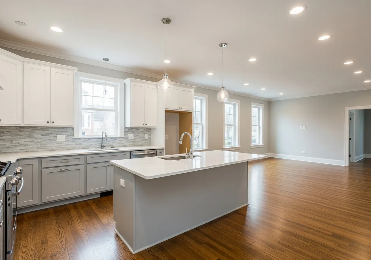 After: Open Concept — Two-Tone Grey & White renovation by Three Brothers Kitchens and Baths