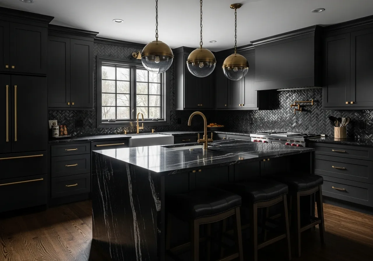 After: Moody Dark Kitchen — Black & Brass renovation by Three Brothers Kitchens and Baths
