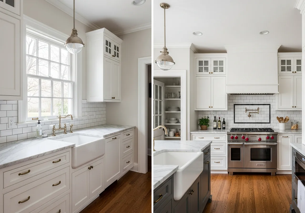 After: Classic Colonial Kitchen — Inset Shaker & Arabescato renovation by Three Brothers Kitchens and Baths