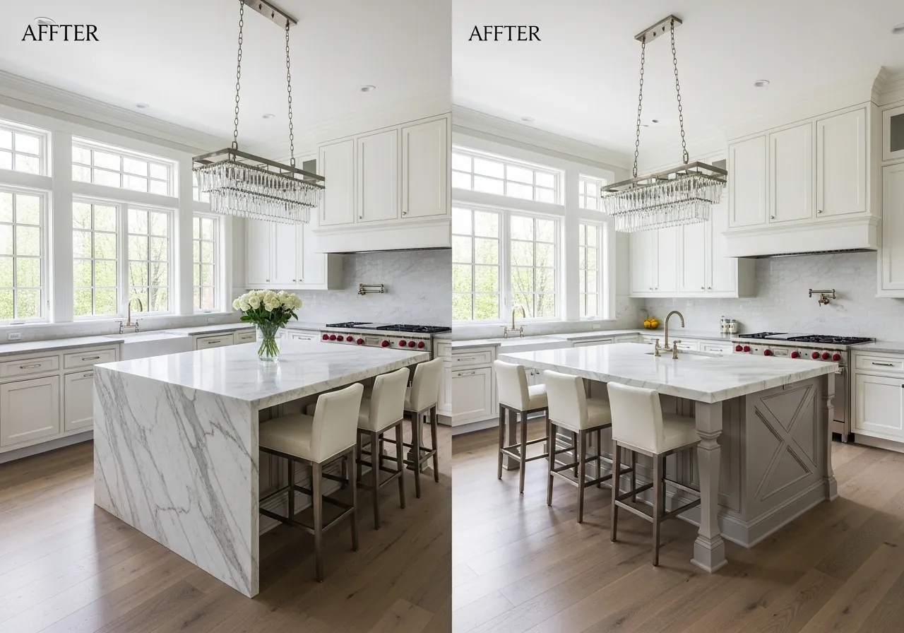 After: Grand Kitchen — La Cornue Range & Crystal Chandelier renovation by Three Brothers Kitchens and Baths
