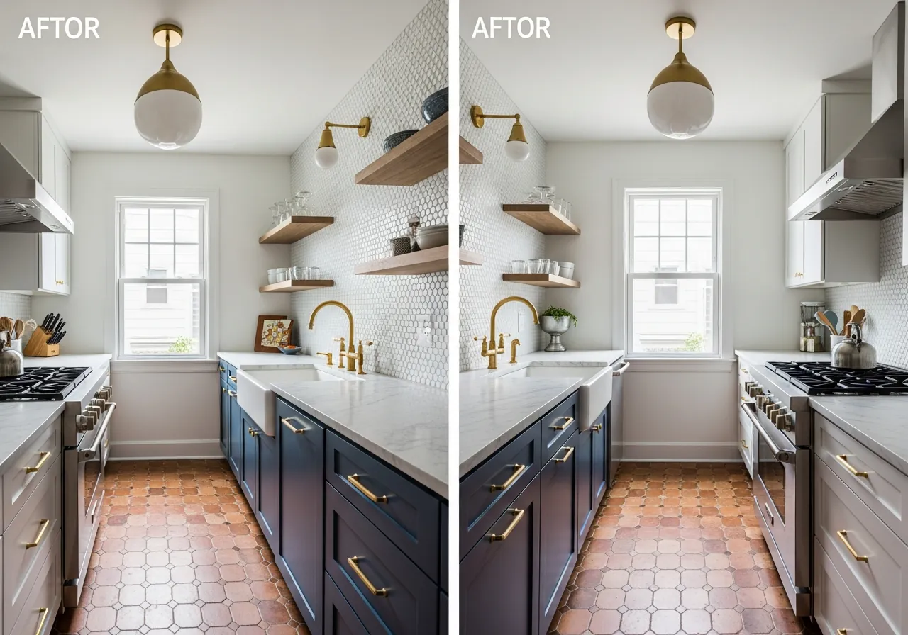 After: Navy Galley — Zellige Tile & Gold Pendant renovation by Three Brothers Kitchens and Baths