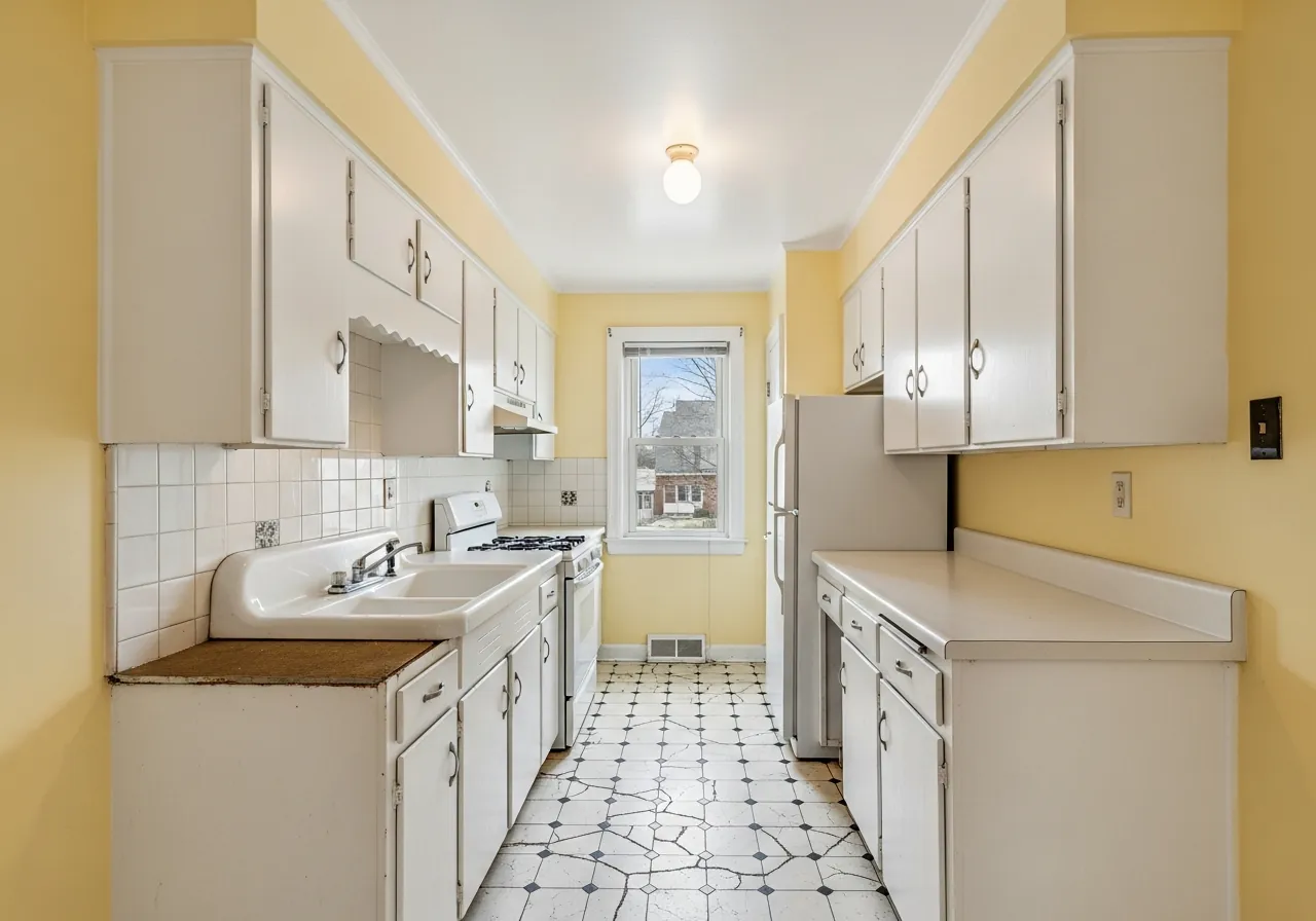 Before: Navy Galley — Zellige Tile & Gold Pendant — Three Brothers Kitchens and Baths