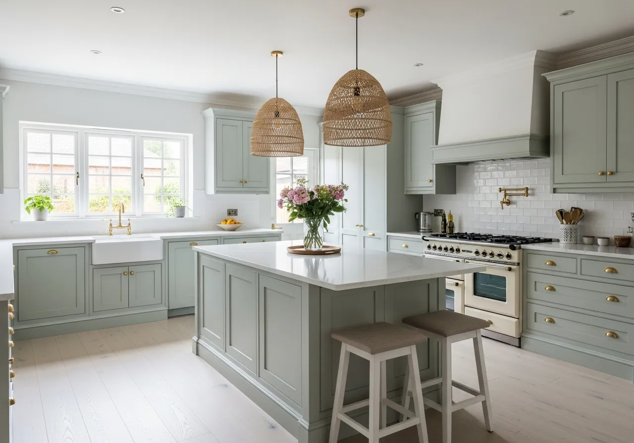 After: L-Shape to U-Shape — Sage & Brass with Island renovation by Three Brothers Kitchens and Baths