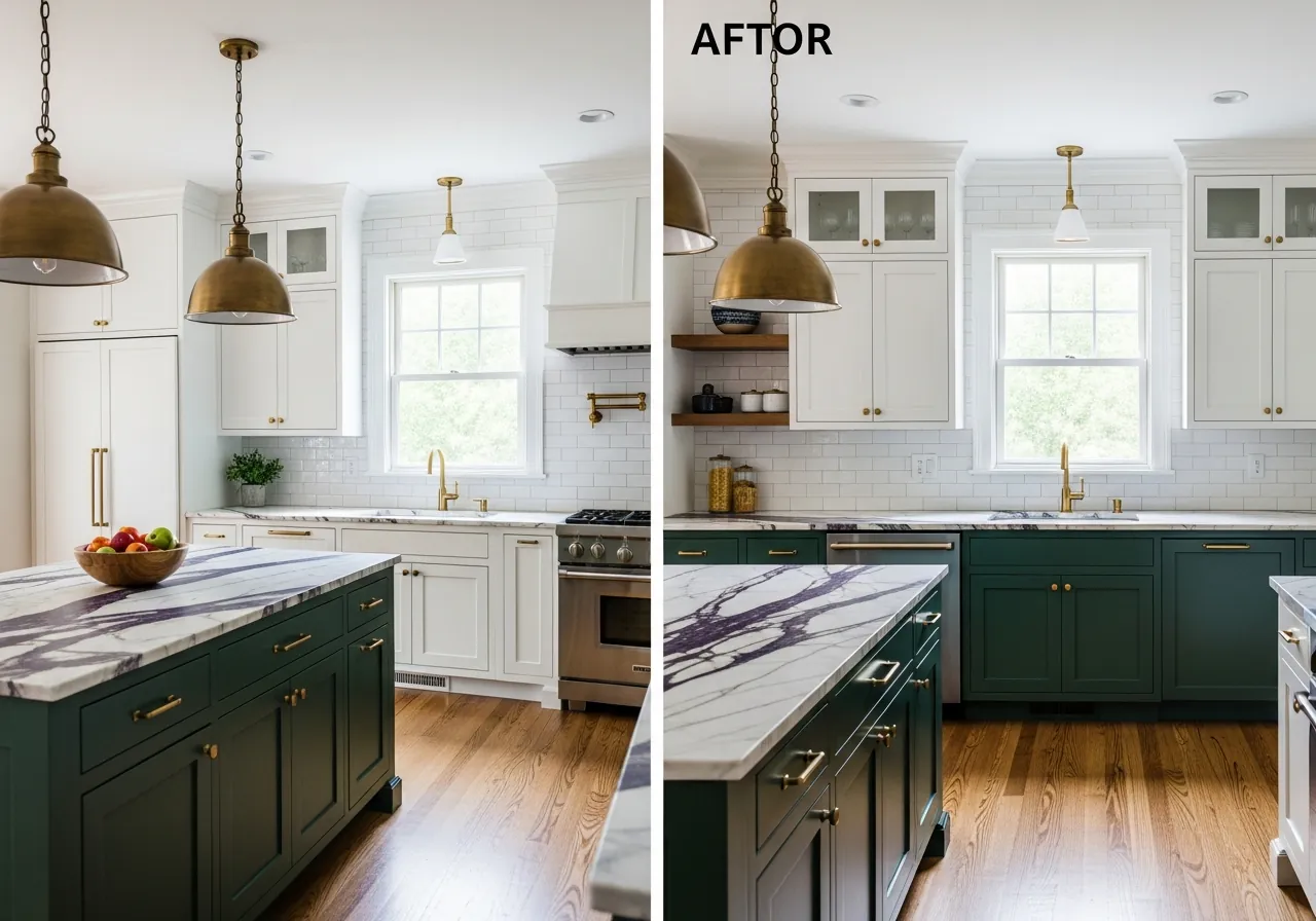 After: From All-White to Forest Green & Viola Marble renovation by Three Brothers Kitchens and Baths