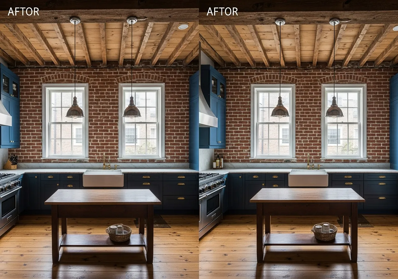 After: Exposed Brick Restoration — Navy & Reclaimed Oak renovation by Three Brothers Kitchens and Baths