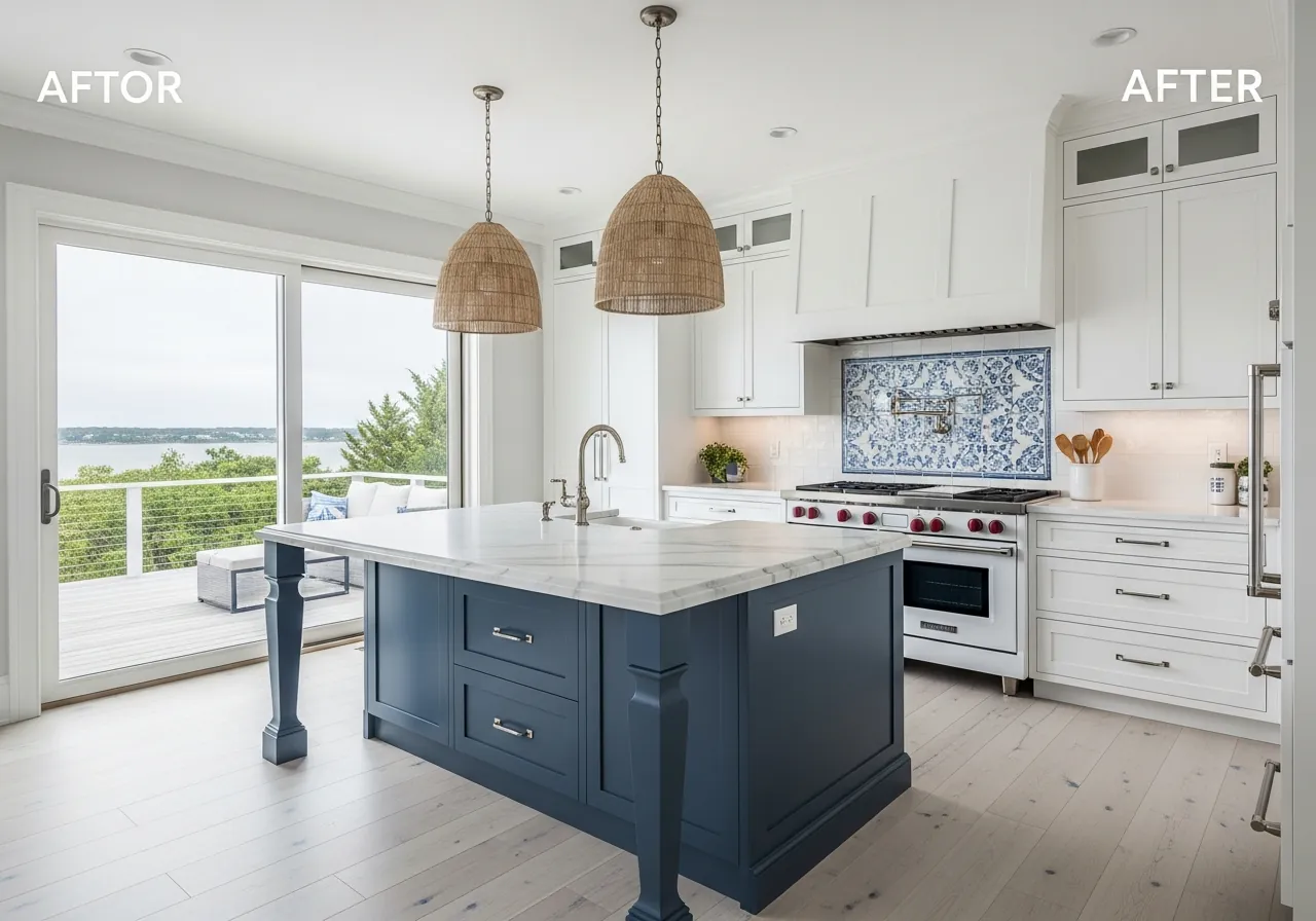 After: Coastal Luxury — White Inset & Thassos Marble renovation by Three Brothers Kitchens and Baths