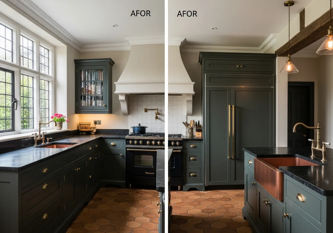 After: Tudor Kitchen — Forest Green Inset & Soapstone renovation by Three Brothers Kitchens and Baths