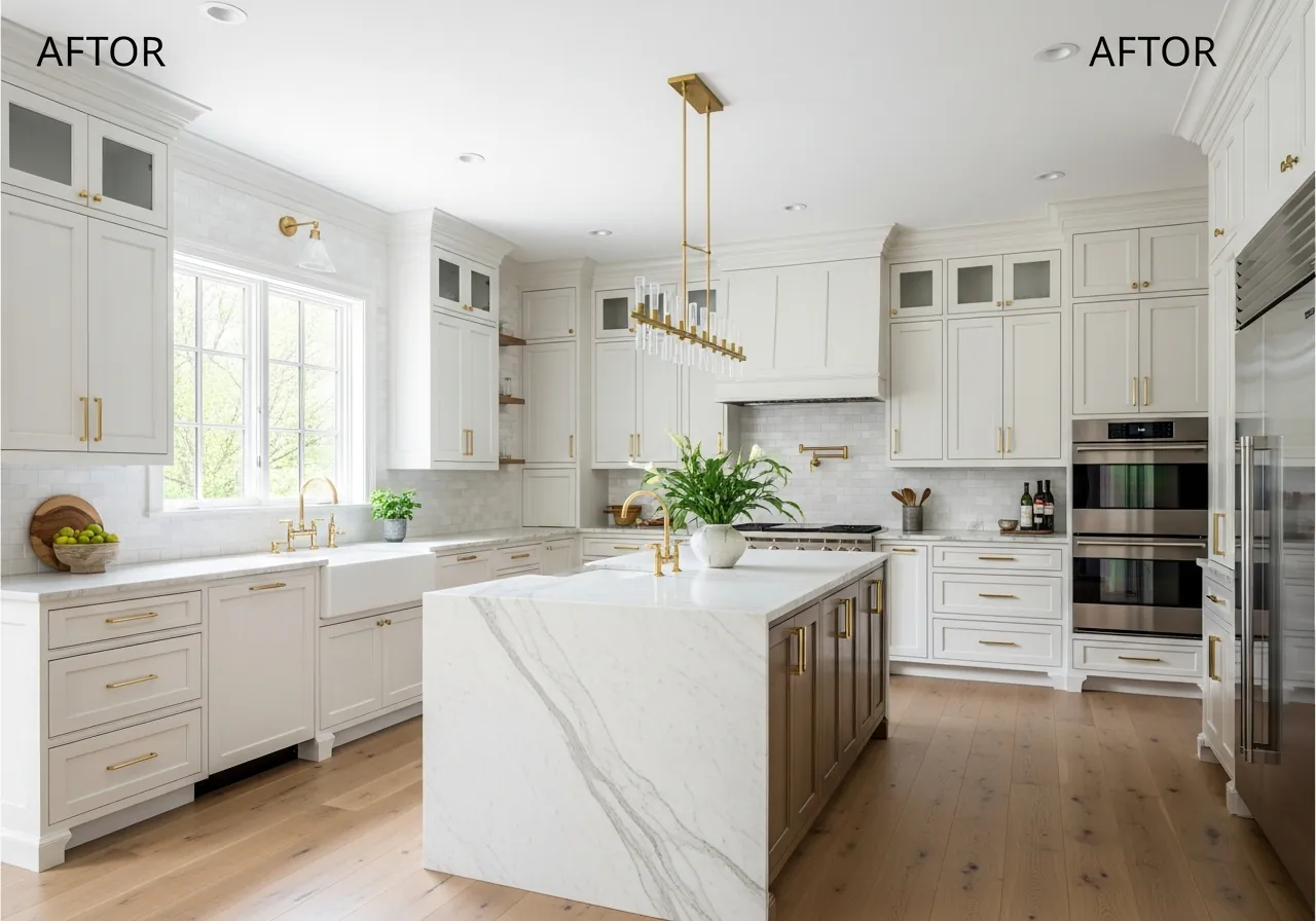 After: Cohesive Luxury Redesign — Arabescato & Miele Suite renovation by Three Brothers Kitchens and Baths