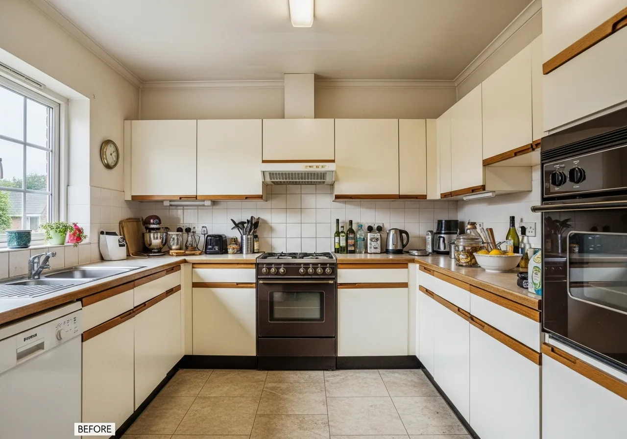 Before: Cohesive Luxury Redesign — Arabescato & Miele Suite — Three Brothers Kitchens and Baths