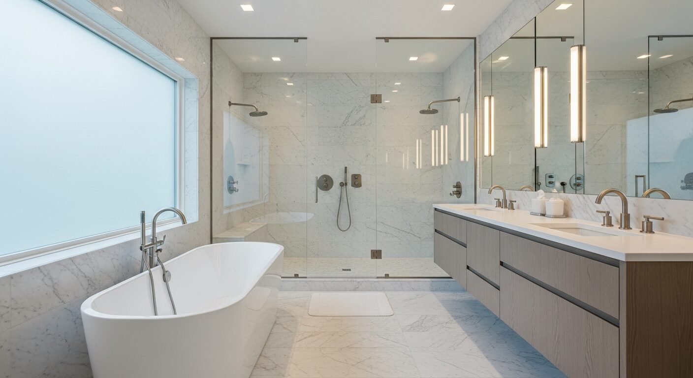 Luxury spa master bathroom renovation in Westchester County NY — freestanding soaking tub, marble walls, frameless glass shower