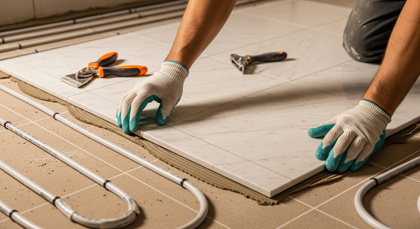 Radiant heated marble floor tile installation in Westchester County bathroom renovation project