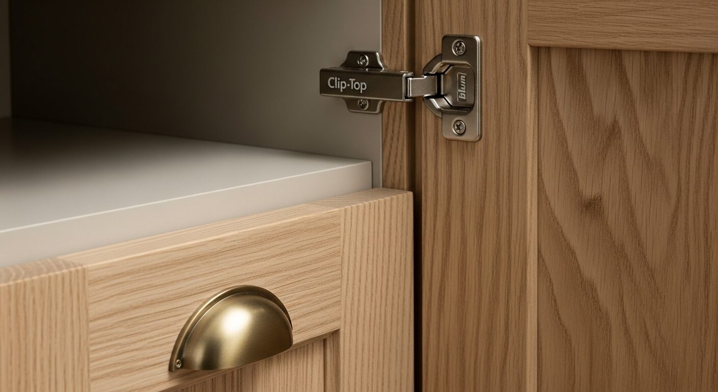 Premium white oak kitchen cabinet doors with visible grain and soft-close Blum hardware — custom full-overlay cabinetry for Westchester home