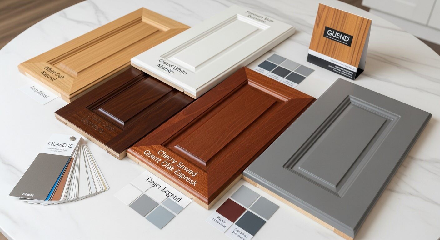 Kitchen cabinet material samples arranged on design table — white oak, painted maple, cherry wood, and laminate door samples