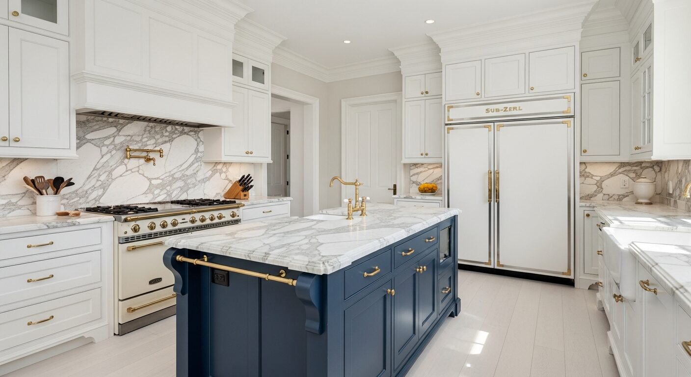 Luxury kitchen renovation in Fairfield County CT — navy island with brass hardware, Calacatta marble countertops, Gold Coast Connecticut aesthetic