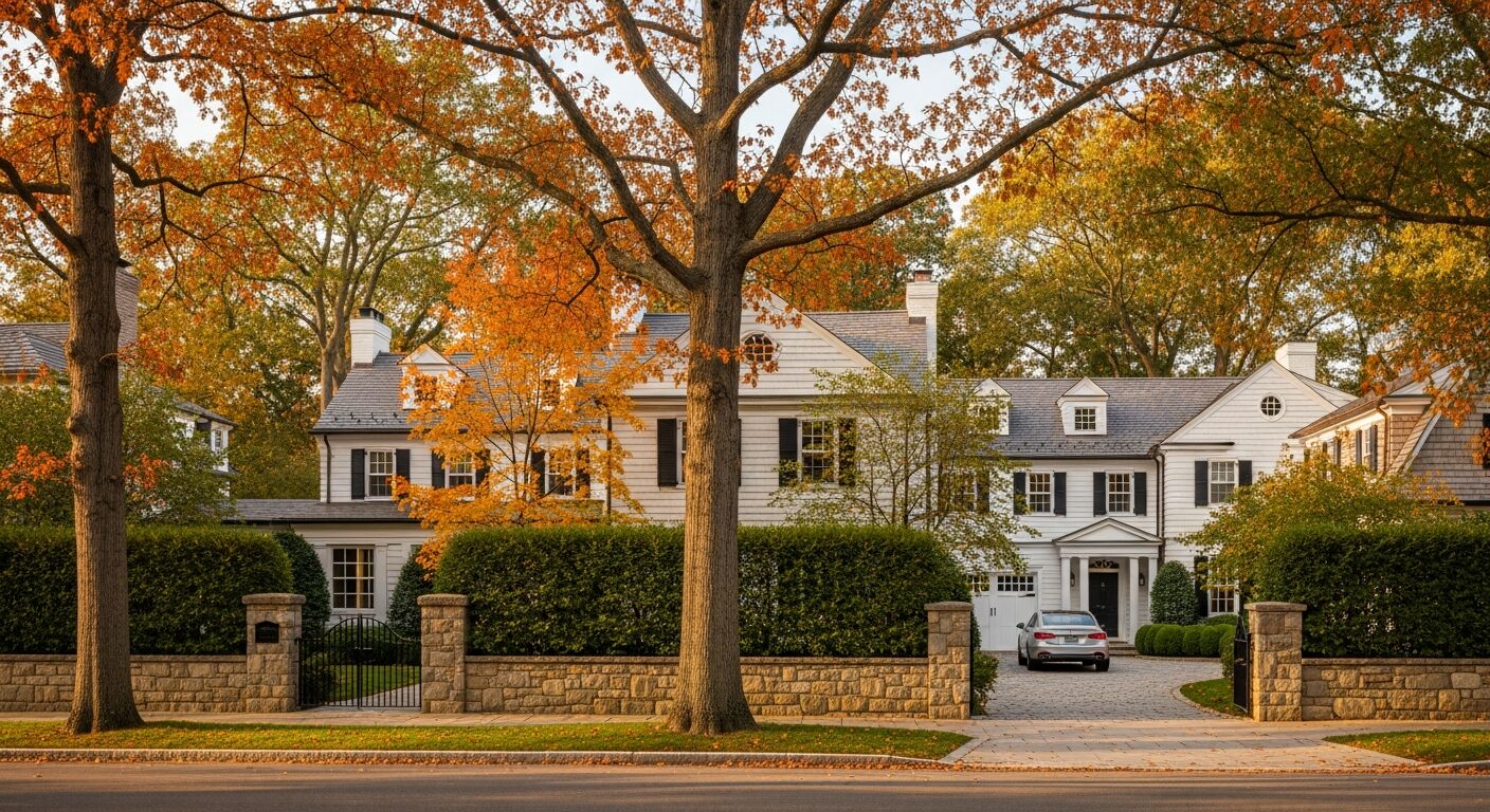 Fairfield County Connecticut luxury home street scene — Greenwich Darien residential neighborhood with mature trees and colonial architecture