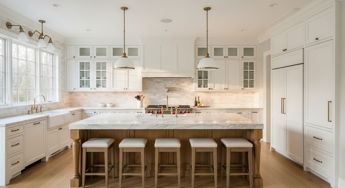 Luxury open-concept kitchen renovation in Chappaqua NY — white oak cabinetry, Calacatta marble waterfall island, professional Wolf range