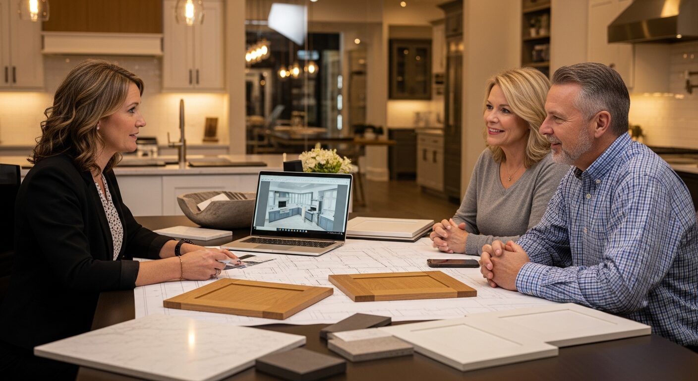 Three Brothers designer reviewing kitchen renovation blueprints with Westchester homeowners at Chappaqua showroom