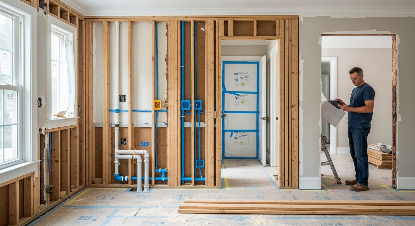 Kitchen renovation in progress at Westchester County home — framing and rough plumbing phase before cabinetry installation