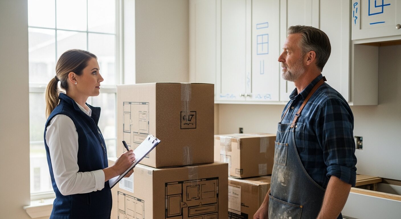 Three Brothers project manager and cabinet installer reviewing custom cabinet installation against architectural drawings