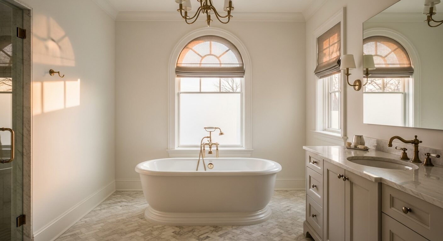 Ultra-luxury master bathroom renovation in Fairfield County CT — Venetian plaster walls, vessel soaking tub, waterfall fixtures, Gold Coast Connecticut aesthetic