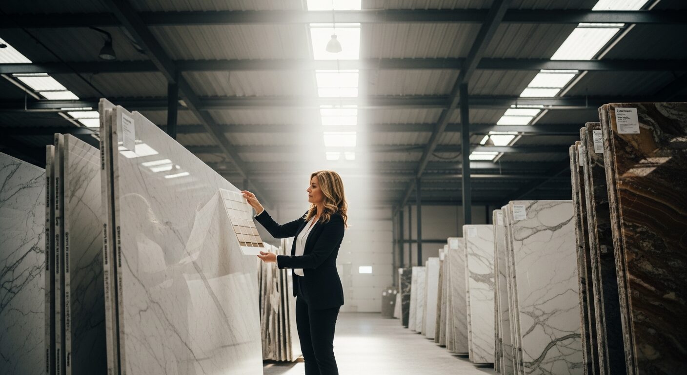 Designer selecting natural stone slab at Connecticut stone yard for Fairfield County luxury bathroom renovation