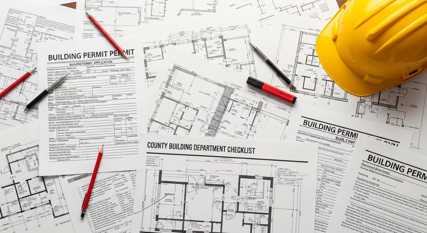 Building permit applications and architectural drawings spread on desk for Westchester County kitchen renovation