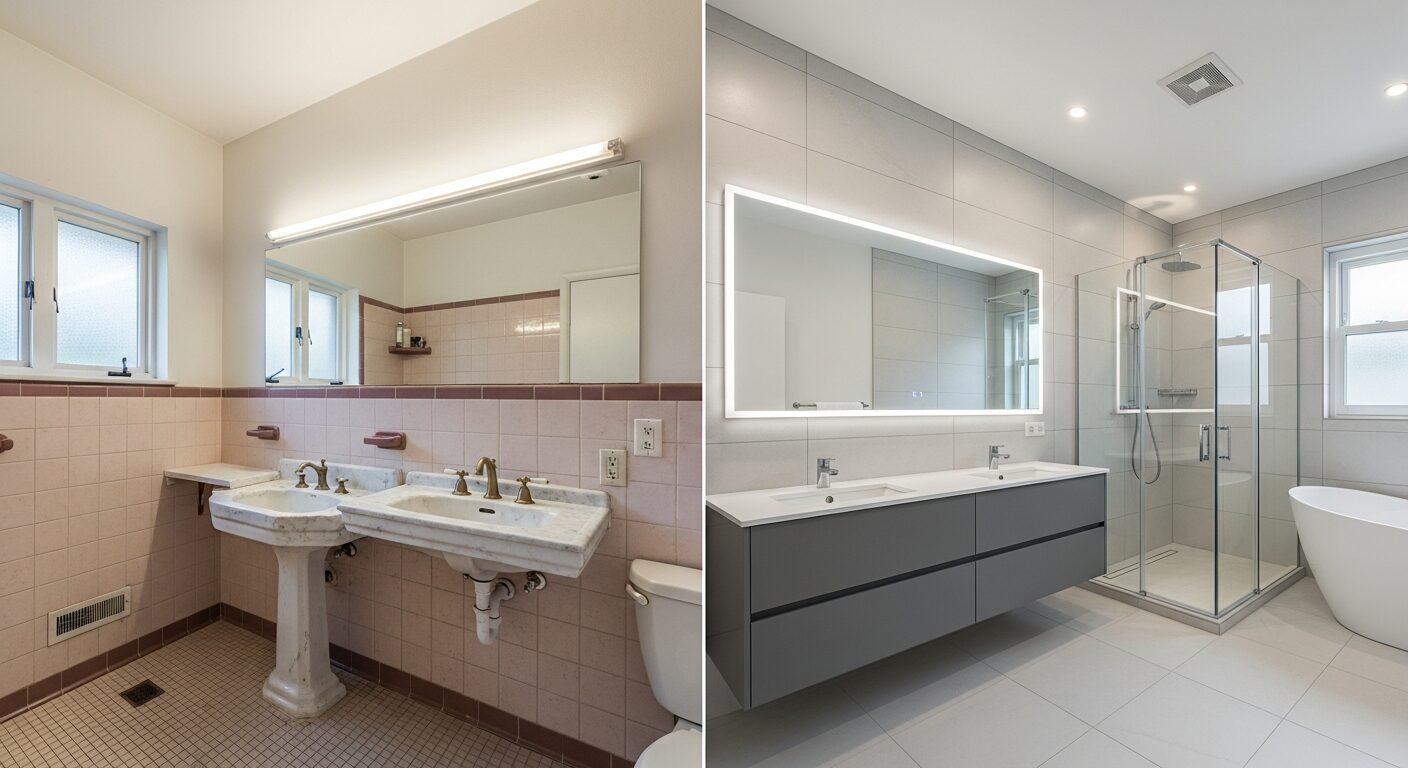 Before and after bathroom renovation in Westchester County NY — dated 1990s bathroom transformed into modern spa suite
